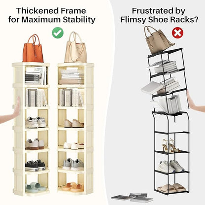 Kitstorack 10 Tiers Stackable Shoe Rack for Closet and Front Door Entrance - Free Standing Plastic Stand, Narrow Tall Vertical Organizer for Small Spaces Storage, White
