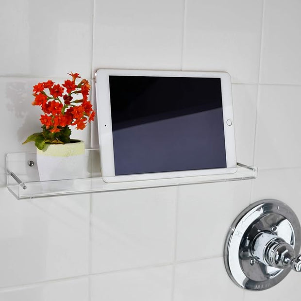 AMT 3 Pack Acrylic Floating Shelves, 15" L x 3.25" W, Clear Bathroom Wall Shelf, Bookshelves, Invisible Display for Office, Bedroom, Small Gap Allows Water to Escape, Free Screws & Drill Bit (Medium)