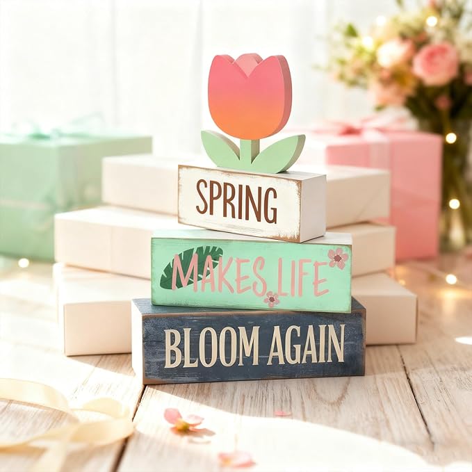 Spring Decoration For Home Wooden Tulip Tiered Tray Decor Spring Block Sign with Floral Farmhouse Tabletop Spring Decor Centerpiece for Tables Seasonal Home Easter Decor