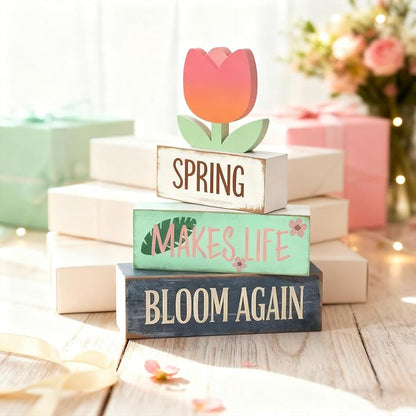 Spring Decoration For Home Wooden Tulip Tiered Tray Decor Spring Block Sign with Floral Farmhouse Tabletop Spring Decor Centerpiece for Tables Seasonal Home Easter Decor