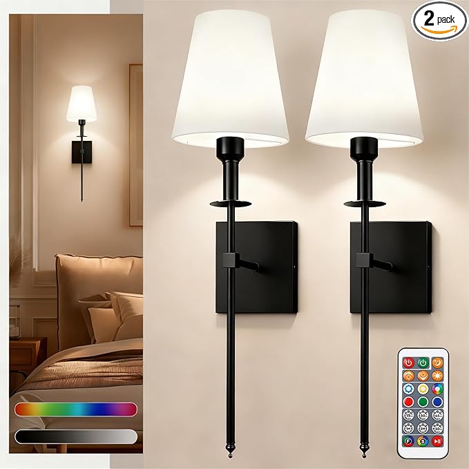 DORESshop Battery Operated Wall Sconce Set of 2, Black Rechargeable Wall Lights Remote, Sconce Wall Decor Set of 2, 7 Colors Wireless Sconces for Bedroom Living Room Hallway