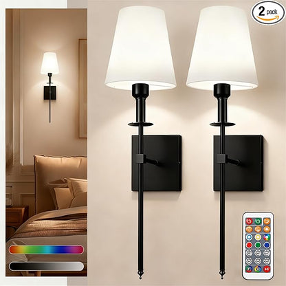 DORESshop Battery Operated Wall Sconce Set of 2, Black Rechargeable Wall Lights Remote, Sconce Wall Decor Set of 2, 7 Colors Wireless Sconces for Bedroom Living Room Hallway
