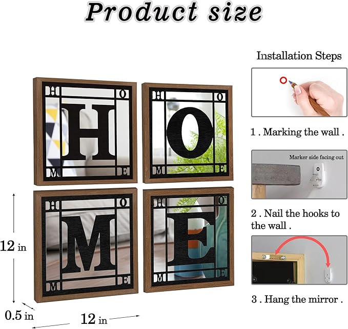 4 PCS Square Wall Mirrors, Rustic Farmhouse Accent Mirror， Home Wall Decor for Living Room, Bedroom, Bathroom & Entryway