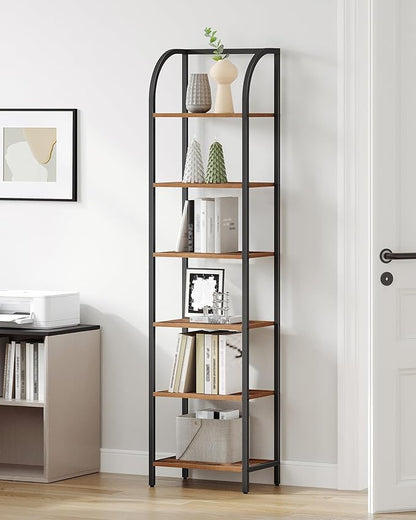 Bookshelf Narrow Bookcase, Tall Storage Rack with Steel Frame, Display Standing Shelf Unit, Skinny Book Shelf for Study Living Room Home Office, Industrial Style, 6-Tier Rustic Brown BC56401B