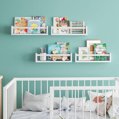 Fixwal Nursery Book Shelves, 16.5 Inch Floating Bookshelves for Nursery & Playroom Decor, Set of 4, Solid Wood Wall Mounted Shelves for Books and Toys Storage (White)