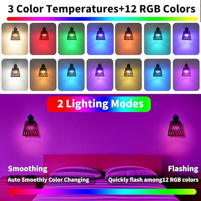 Boho Battery Operated Wall Sconce Set of 2, Brown Rattan Rechargeable Wall Lights with Dimmable Bulbs and Remote,15 Colors Wireless Wall Lamps for Bedroom Living Room Hallway Decor