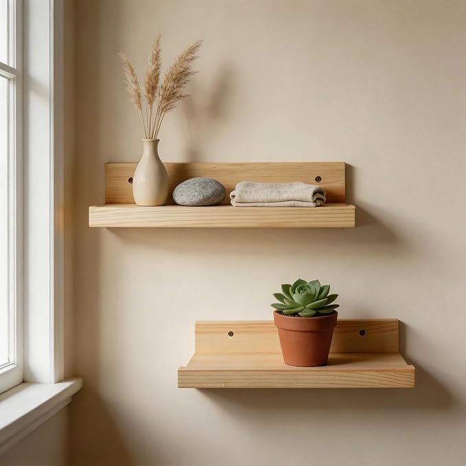 Z metnal Small Decor Shelves, Mini Floating Wooden Display Wall Shelf for Smart Speaker WiFi Collectables, Sauna Shelves, Wood, Wall Mounted, 12 x 5.5inch, 2 Pack