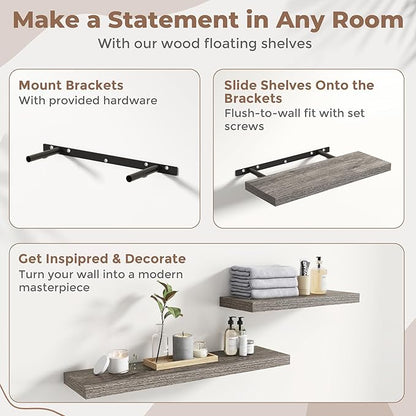 30 Inch Floating Shelves for Wall Set of 2, 8"D Wood Grain Bathroom Shelves with Invisible Brackets, Easy Install Engineered Wood Storage Shelves for Kitchen, Living Room, Bedroom, Grey Oak Finish