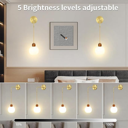 Battery Operated Wall Sconces Set of 2, Gold Rechargeable Wireless Wall Lights with Milky White Shade, 12 RGB and 3CCT Dimmable Wooden Wall Lamps with Remote for Bedroom Living Room Hallway