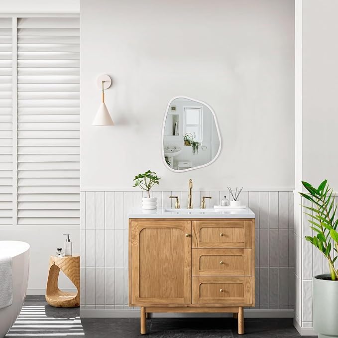 White Irregular Bathroom Mirror Modern Oval Wall Mirror Asymmetrical Wooden Framed Wall Mirror Unique Shape Wall Mounted Vanity Artistic Mirror Decor for Living Room Bedroom Entryway Small 14