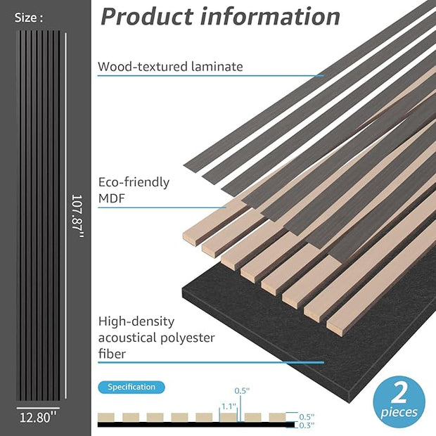 Art3dwallpanels Wood Slat Wall Panel, 108'' x 13'' Wood Panels for Wall 2 Pack 3D Soundproof Wall Panels, Large Acoustic Panels for Interior Ceiling and Wall Decor Noise Reduction,Smoky Wood