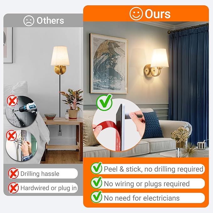 Peel and Stick Wall Sconces, No Drilling Stick On Wall Sconce, Wireless Battery Operated Wall Lights, Adhesive Wall Lamp with 10000mAh Battery Bulb for Bedroom Living Room Decor