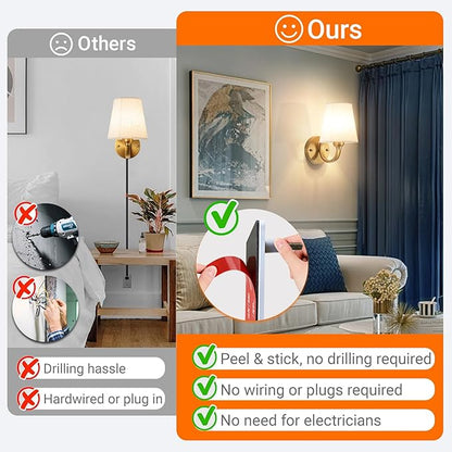 Peel and Stick Wall Sconces, No Drilling Stick On Wall Sconce, Wireless Battery Operated Wall Lights, Adhesive Wall Lamp with 10000mAh Battery Bulb for Bedroom Living Room Decor