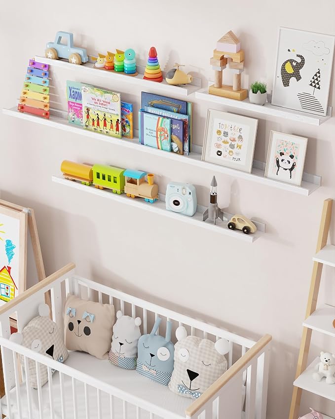 Axeman Oak Picture Ledge Shelf, 36 Inch Floating Shelves Set of 2, Solid Oak Wood Wall Shelves with Lip, Wall Decor Storage for Bedroom Living Room Bathroom Kitchen Nursery Photo Picture, White