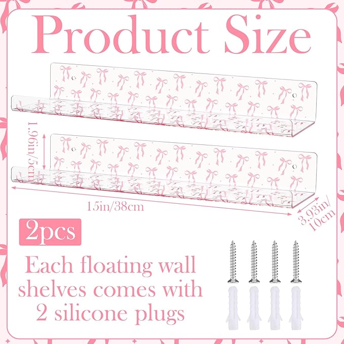 Honeydak 2 Pcs Pink Bow Acrylic Floating Shelves 15 Inch Coquette Acrylic Wall Shelves Pink Bow Display Wall Mounted Bookshelf for Bathroom Bedroom Living Room Kitchen Room Decor