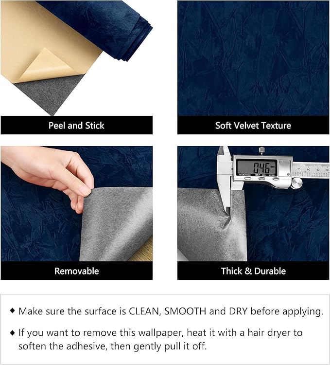 LACHEERY Navy Blue Felt Fabric Wallpaper Textured Velvet Paper Roll 15.8"x275" Self Adhesive Dark Blue Velvet Drawer Liner Contact Paper Peel and Stick Felt Wallpaper for Crafts Drawer Shelf Liner