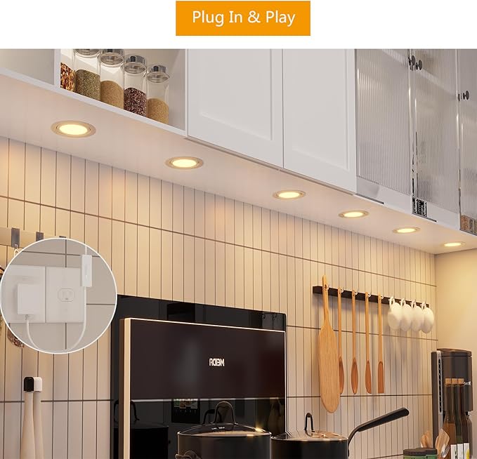 LED Puck Lights Wired Under Cabinet Lighting Dimmable,Recessed Mount,2.5In Hole Halogen Bulb Equiv,12V Under Counter Light Fixture Plug in for Kitchen,Display Shelf,Curio,4000K Daylight White,6pcs