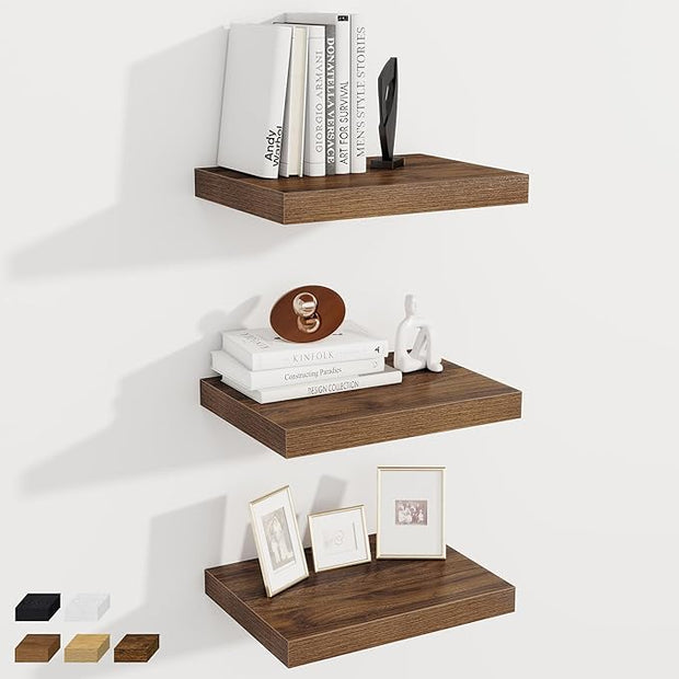 Fun Memories 12 Inch Deep Floating Shelves, 16 x 12 Wooden Wall Shelves, Extra Deeper & Thicker Rustic Wall Mounted Storage Shelf for Fireplace, Living Room, Kitchen, Farmhouse, Walnut - 3Pack