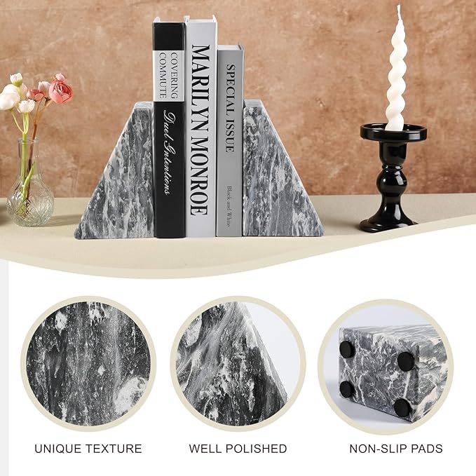 Koville Marble Bookends for Shelves, Large Bookends for Heavy Books, Natural Stone Book Stopper for Books CD Movies, Aesthetic Decorative Book Ends (Grey)