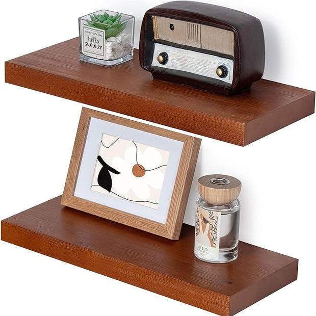 Marsmiles Wood Floating Shelves | Rustic Mahogany Wood Wall Shelves Set of 2 | 16" W x 6.7" D Wooden Floating Shelves for Bathroom Kitchen Living Room Bedroom