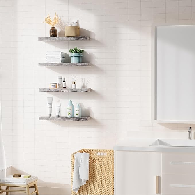 Bellsal Floating Shelves for Wall, Gray Engineered Wood Wall Shelf Set of 4, 16" Walls Mounted Floating Shelf for Kitchen, Living Room, Bedroom, Bathroom Storage, Book Shelfs for Home Decor
