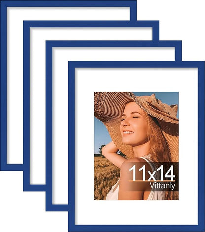 Vittanly 11x14 Picture Frames Set of 4, Display Pictures 8x10 with Mat or 11x14 without Mat, Gallery Wall Frame Set for Wall or Tabletop, Engineered Wood with Shatter Resistant Plexiglass, Royal Blue