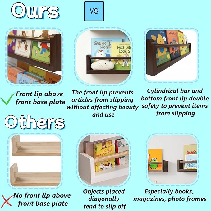 Deep Walnut Nursery Floating Shelves Set of 3– Wall Mounted Kids Bookshelf & Toy Organizer – 16 Inch Rustic Pine Hanging Display Book Shelves for Bedroom, Playroom, and Baby Decor