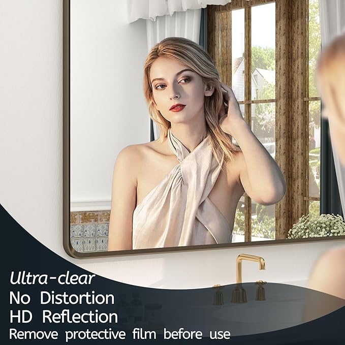 OKPAL 24x28 Bronze Bathroom Mirror, Brushed Bronze Metal Framed Mirror, Rounded Bronze Rectangle Mirror for Farmhouse, Bedroom, Anti-Rust (Horizontal/Vertical)