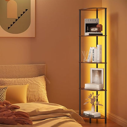 SUNMORY 5 Tier Corner Shelf with LED Light, Industrial 65" Corner Shelves Display Shelf for Living Room Decor, Wall Corner Bookshelf Multi Unit Organizer, Tall Shelf Plant Stand for Bedroom, Bathroom