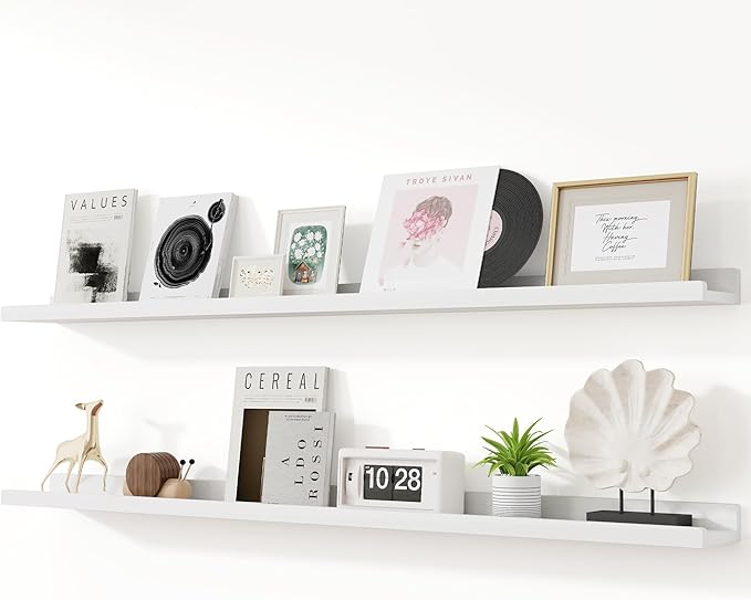 RICHFOCUS Floating Shelves for Wall, 55 inch Solid Wood Picture Ledge Shelf for Wall Storage, Nursery Book Shelves with Lip for Living Room Bathroom Bedroom Kitchen, Set of 2, Washed White