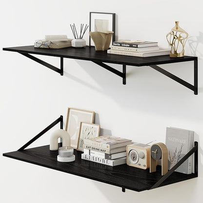Fun Memories Floating Shelves for Wall, 12 Inch Deep Floating Shelves Set of 2, 36W x 12D Large Wall Shelf with Sturdy Metal Brackets for Living Room, Bathroom, Bedroom and Kitchen, Black