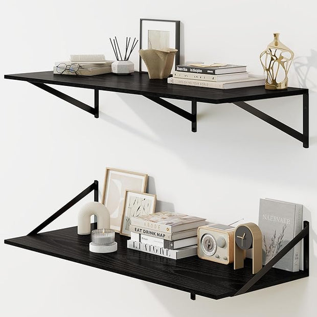 Fun Memories Floating Shelves for Wall, 12 Inch Deep Floating Shelves Set of 2, 36W x 12D Large Wall Shelf with Sturdy Metal Brackets for Living Room, Bathroom, Bedroom and Kitchen, Black