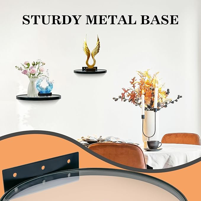 ZEXUIRU 3 Set Glass Decorative Floating Shelves Metal Frame Display Shelf Wall Decor for Home Office Mixed Size