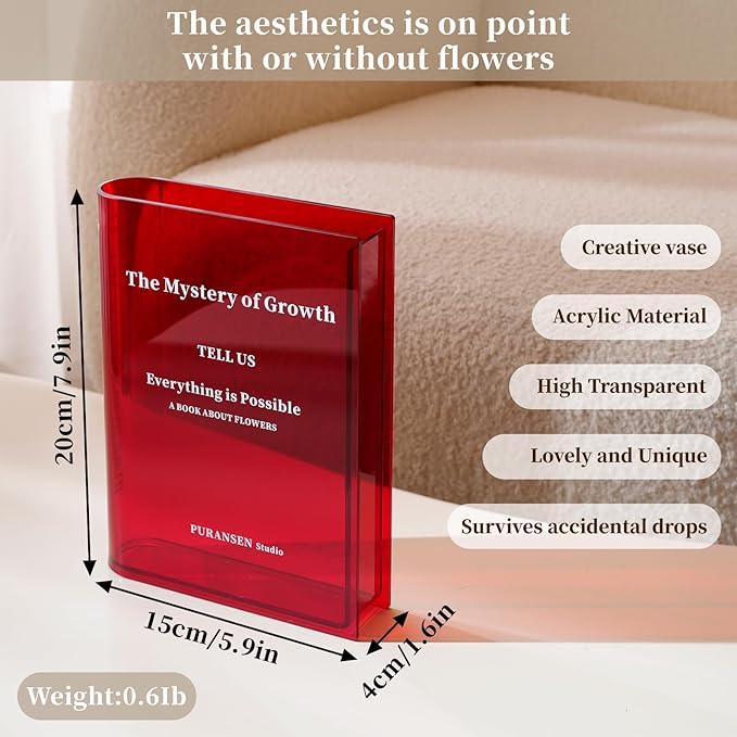 Puransen Red Book-Shaped Vase for Flowers - Aesthetic Room Decor for Modern Home/Office, Minimalist Shelf Organizer with Floral Display, for Book Lovers & Interior Design Enthusiasts