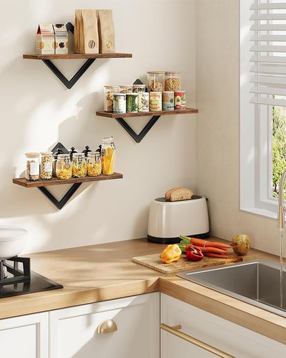 Floating Shelves for Wall, Set of 3 Wall Mounted Storage Shelves for Living Room, Bedroom, Kitchen, Bathroom, Rustic Brown TBJ03P3BF