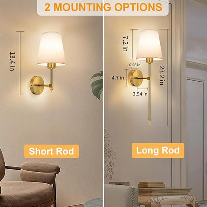 Battery Operated Wall Sconce, Gold Rechargeable Wall Lights with 10000mAh Dimmable Bulbs and 3 Dynamic Modes, 12 Colors Wireless Wall Lamps with Remote for Bedroom Living Room Hallway Decor, 2 Pack