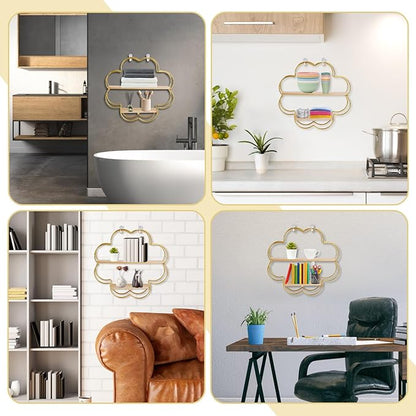 Floating Shelves for Wall, Wooden 2-Tier Wall Mounted Shelves, Flower Shape Hanging Bathroom Shelves, Shower Shelf Bathroom Accessory for Bedroom Kitchen Living Room Office