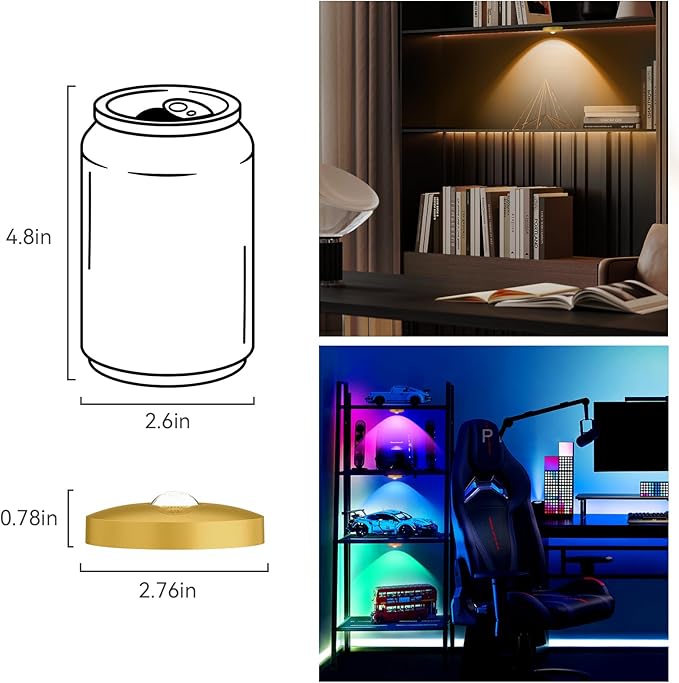Rechargeable Puck Lights with Remote, 3 Pack Magnetic Under Cabinet Lighting, 1500mAh Battery Operated LED Tap Lights with Dimmer & Timmer for Kitchen, Closet, Shelf - 3 Color Temps & 12 RGB, Gold