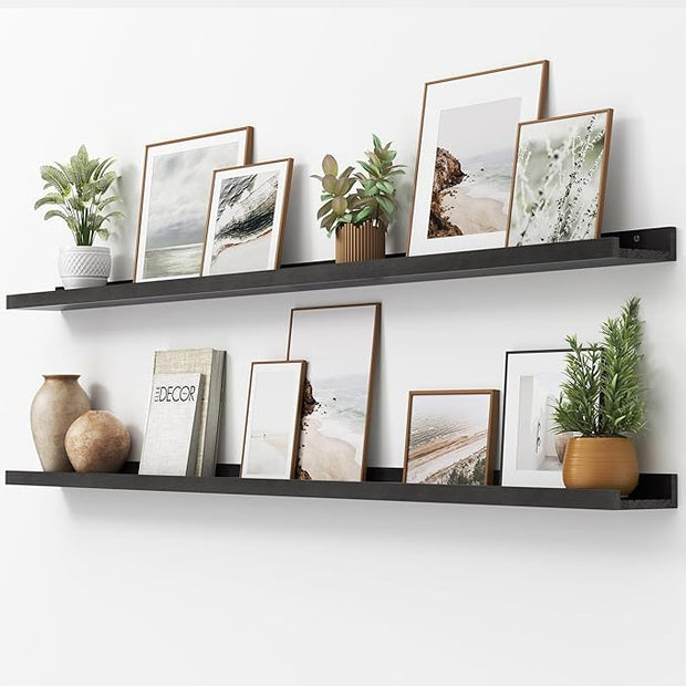 Picture Ledge Shelf, Floating Shelves Set of 2, Solid Ash Wood 72'' Long Large Nursery Book Shelves for Toys Storage, Kids Bookshelf for Living Room Bedroom Decor Books Photo Frames, Black