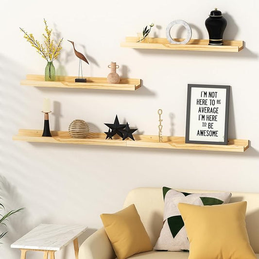 Picture Ledge Shelf, 24 inch Solid Pine Wood Floating Shelves, Floating Book Shelves for Living Room Bedroom Kitchen Decor, Natural Unfinished, No Stain, DIY, Set of 4(Maple Wood, 4Pack 24inch)