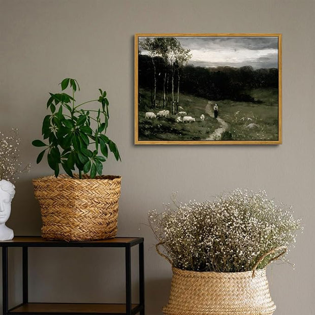 OIQArtOIQ Framed Vintage Landscape Wall Art Shepherd Natural Scenery Oil Painting Canvas Prints Country Farmhouse Aesthetic Decor Pictures for Kitchen Bedroom Living Room Bathroom