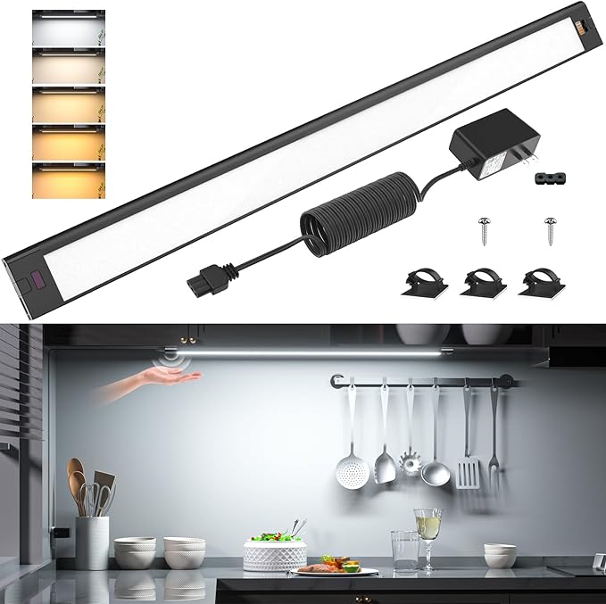 WOBANE LED Under Cabinet Lighting, 24 inch Black Cabinet Light, Hand Wave Activated, Warm White to White Color Tunable,Touchless Dimmable Panel for Kitchen,Counter,Shelf,Under Desk Lighting 1200LM