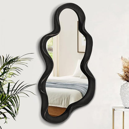 Large Asymmetrical Mirror Irregular Modern Cloud Wall Mirror Wood Frame Unique Artistic Wavy Mirror Wall Mounted Vanity Mirror Decorative for Living Room Bedroom Bathroom Entryway Hallway 30"x14"