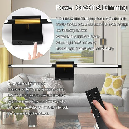 28 In Wall Sconces Set of 2 Battery Operated,10000mAh Black Gold LED Wireless USB Rechargeable Wall Light with Remote Control,360° Rotation LED Dimmable Picture Lamp for Hallway Living Room