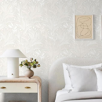 Peel and Stick Wallpaper Boho Contact Paper Beige Neutral Leaf Wall Paper Modern Self Adhesive Removable Wallpaper for Bedroom Living Room Waterproof Vinyl Roll 17.3"x393"