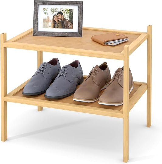 Smiry Bamboo Small Shoe Rack, 2 Tier Shoe Organizer for Entryway & Closet, Stackable Free Standing Storage Shelf for Shoes, Bags & Plants, Natural