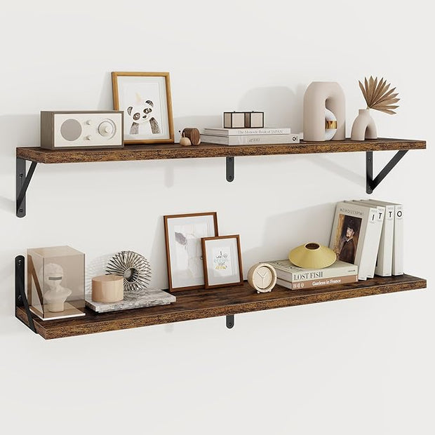 Floating Shelves, 8 Inch Deep Rustic Wood Wall Storage, 36W x 8D Wall Shelves Set of 2, Heavy Duty Metal Brackets, Industrial Book Shelf for Living Room, Kitchen, Bathroom, Bedroom, Brown
