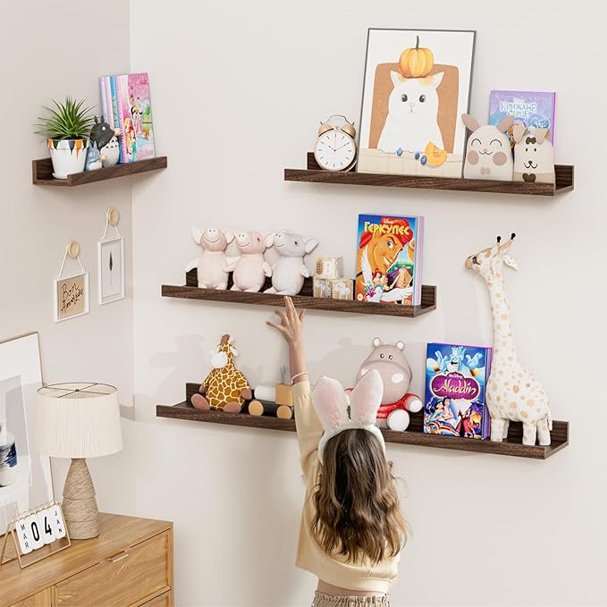 Heimlove 16 Inch Picture Ledge Shelf with Lip Set of 8,Walnut Floating Shelves for Wall,Wall Shelves in Varying Depths for Living Room Bedroom Bookshelf Photo Frames Nursery Book Shelves for Storage