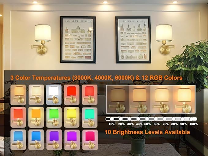 Battery Operated Wall Sconce with Remote Control, 15 Colors Dimmable Wireless Wall Sconces Set of Two, Rechargeable Cordless Wall Sconce Light, Swing Arm Wall Lamp with White Fabric Shade