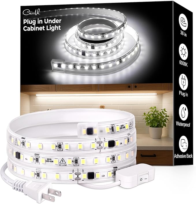 36inch Plug in Under Cabinet Lighting Strip for Kitchen, 120V Bright LED Under Counter Lights 6000k White Slim, Luces para Cocina Bajo Gabinete Under Shelf Wired Light for Sink/Workbench/Bookshelf
